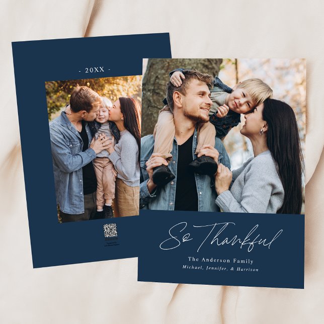 So Thankful Navy 2 Photo Thanksgiving Holiday Card (Creator Uploaded)