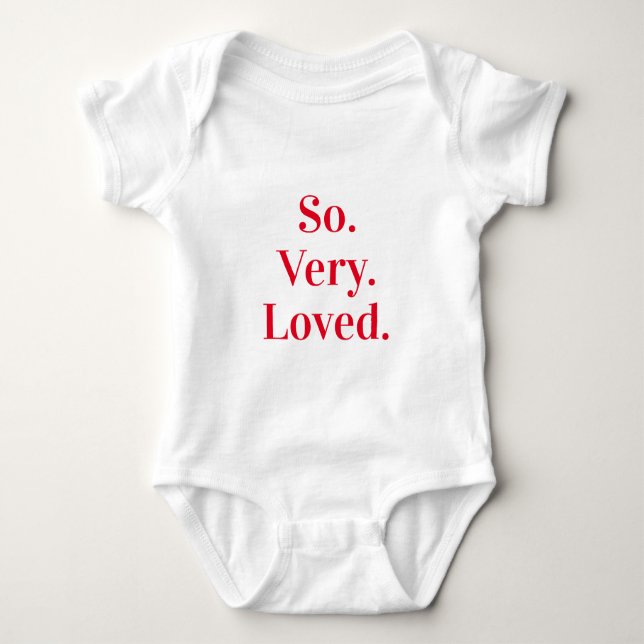SO VERY LOVED plain serif modern lowercase red Baby Bodysuit (Front)