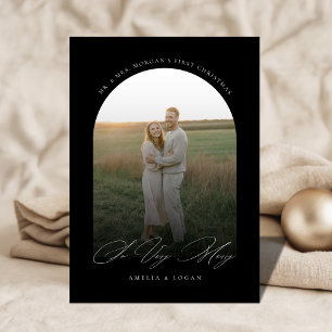  So Very Merry Black and White Arch Newlywed Photo Holiday Card