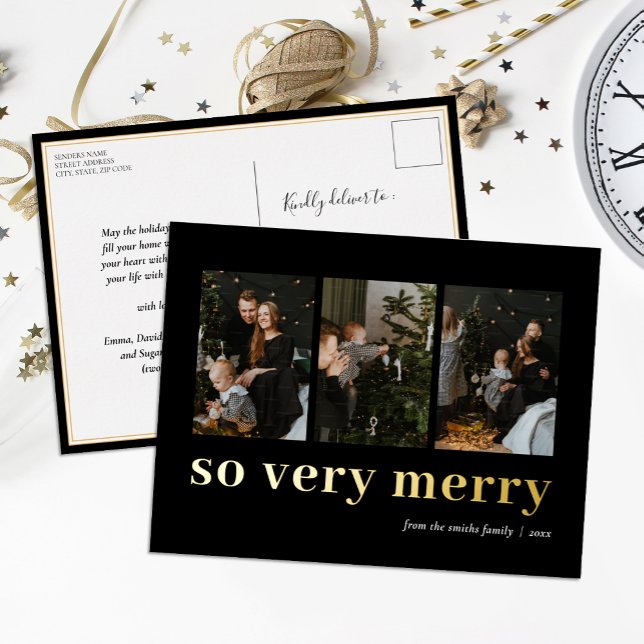 So Very Merry Black Gold Modern 3 Photo Collage Foil Holiday Postcard (Creator Uploaded)