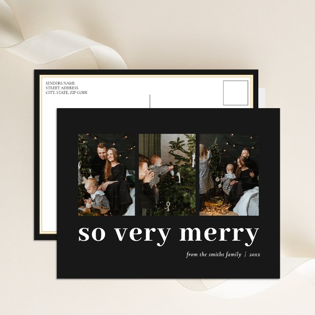 So Very Merry Black Modern 3 Photo Collage Holiday Postcard (Creator Uploaded)