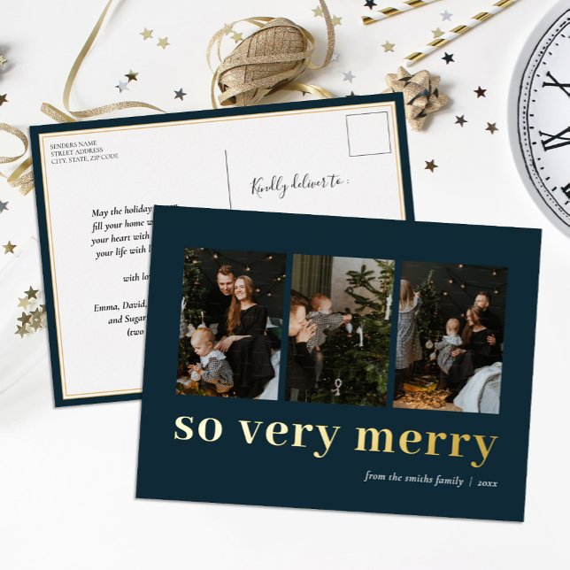 So Very Merry Blue Gold Modern 3 Photo Collage Foil Holiday Postcard (Creator Uploaded)