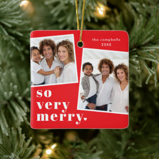 So Very Merry Christmas on Red Photo Ceramic Ornament