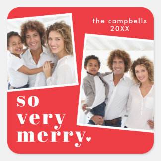 So Very Merry Christmas on Red Two Photo Square Sticker