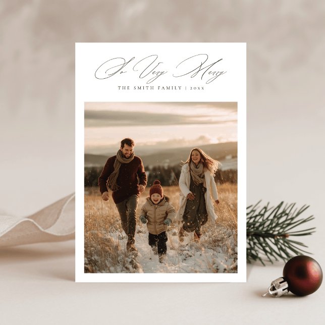 So Very Merry Elegant Script Snowy Family Photo Holiday Card (Creator Uploaded)