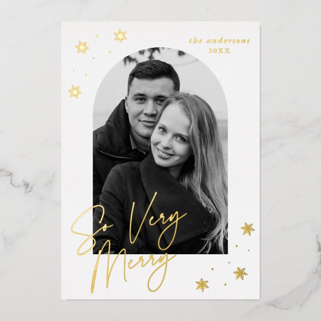 So Very Merry Gold Foil Arch Photo  Foil Holiday Card (Front)
