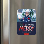 So Very Merry Holiday Photo Magnet<br><div class="desc">Custom printed holiday photo magnets with simple templates for customisation. This modern design has a festive mix of typography in red and white on a navy blue background. The wording says "So Very Merry". Personalise it with your photos and add your family name and the year. Use the design tools...</div>