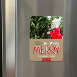 So Very Merry Holiday Photo Magnet<br><div class="desc">Custom printed holiday photo magnets with simple templates for customisation. This modern design has a festive mix of typography in red and white on a faux kraft paper background. The wording says "So Very Merry". Personalise it with your photos and add your family name and the year. Use the design...</div>