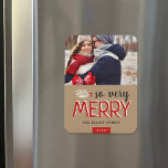 So Very Merry Holiday Photo Magnet<br><div class="desc">Custom printed holiday photo magnets with simple templates for customization. This modern design has a festive mix of typography in red, gray and white on a faux kraft paper background. The wording says "So Very Merry". Personalize it with your photos and add your family name and the year. Use the...</div>