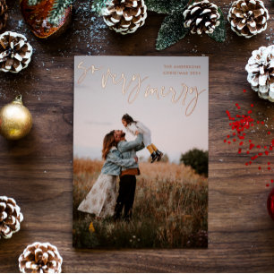 So Very Merry Modern Calligraphy Family Photo Gold Foil Holiday Card