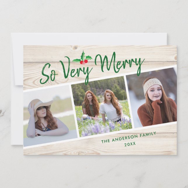 So Very Merry | Rustic 3 Photo Christmas Holiday Card (Front)