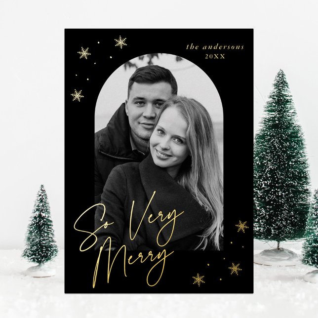 So Very Merry Script Arch Photo Black and Gold Foil Holiday Card (Creator Uploaded)