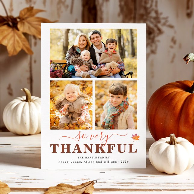 So Very Thankful Three Photo Collage Thanksgiving Holiday Card (Creator Uploaded)