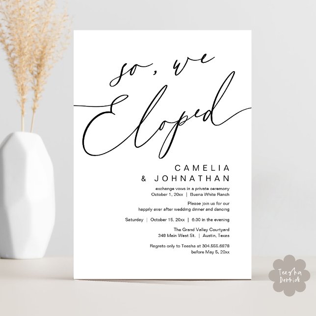 So, We Eloped Modern Romantic Wedding Dinner Party Invitation (So, We Eloped, Modern Romantic Wedding Dinner Brunch Lunch Party Invitation Card PDF Black White)