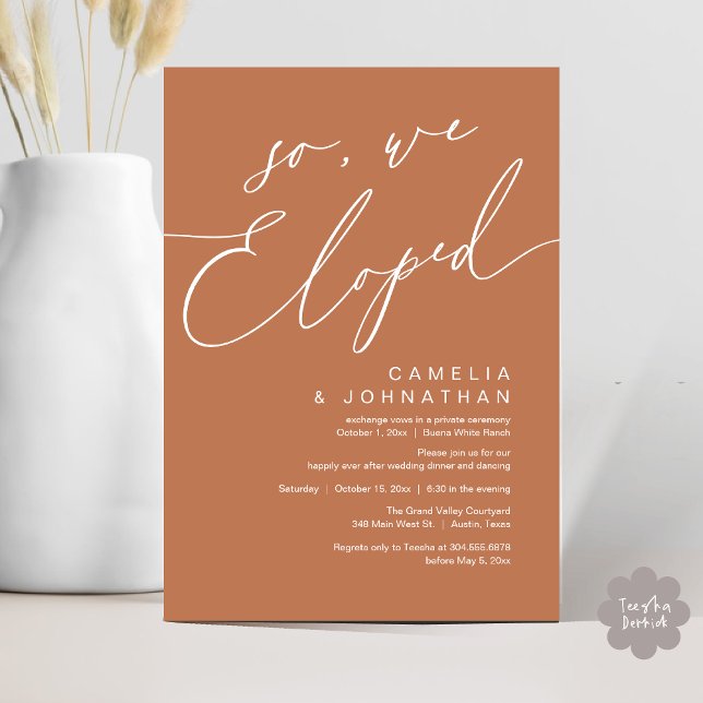 So, We Eloped Modern Romantic Wedding Dinner Party Invitation (So, We Eloped, Modern Romantic Wedding Dinner Brunch Lunch Party Invitation Card PDF Copper Brown)