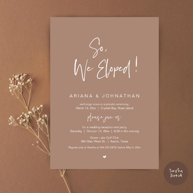 So, We Eloped, Modern Wedding Elopement Dinner Invitation (So, We Eloped, Modern Wedding Elopement Dinner Invitation Card, PDF, in Taupe Earthy)