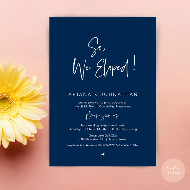 So, We Eloped, Modern Wedding Elopement Dinner Invitation (So, We Eloped, Modern Wedding Elopement Dinner Invitation Card, PDF, in Navy Blue)