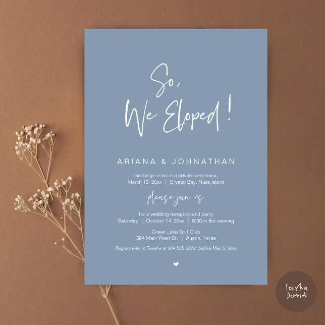So, We Eloped, Modern Wedding Elopement Dinner Invitation (So, We Eloped, Modern Wedding Elopement Dinner Invitation Card, PDF, in Dusty Blue)