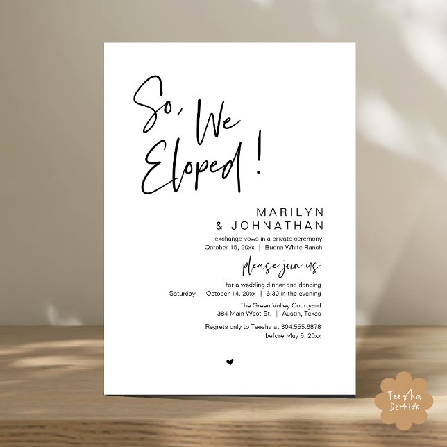So, We Eloped, Modern Wedding Elopement Dinner Invitation (So, We Eloped, Modern Classy Wedding Elopement Dinner Party Invitation Card PDF Black White)