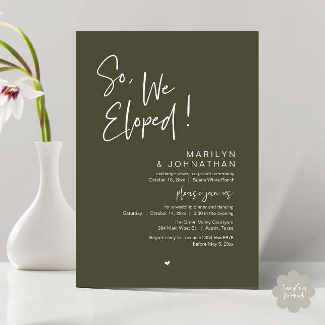 So, We Eloped, Modern Wedding Elopement Dinner Invitation (So, We Eloped, Modern Classy Wedding Elopement Dinner Party Invitation Card PDF Olive Green Greenery)