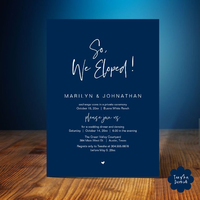 So, We Eloped, Modern Wedding Elopement Dinner Invitation (So, We Eloped, Modern Classy Wedding Elopement Dinner Party Invitation Card PDF Navy Blue)
