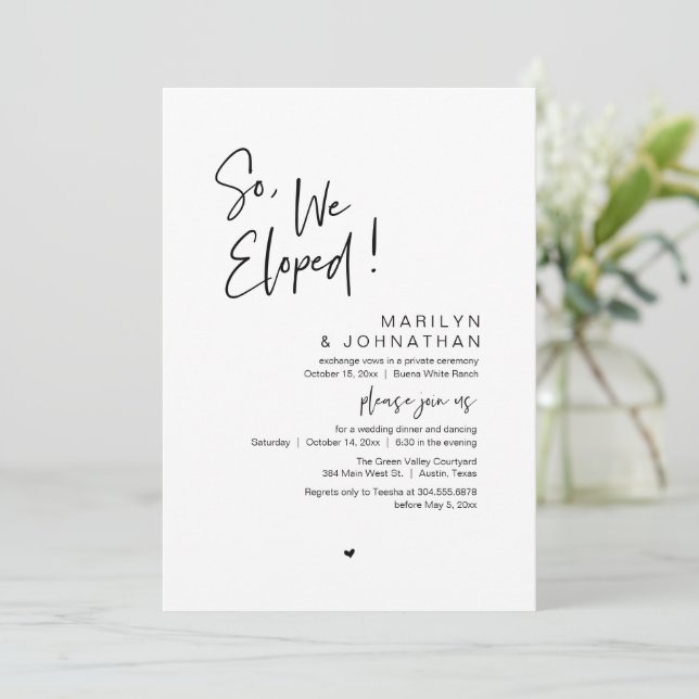So, We Eloped, Modern Wedding Elopement Dinner Invitation (Standing Front)