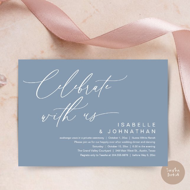 So, We Eloped, Romantic Wedding Dinner Party Invitation (Romantic Wedding Dinner Party, Celebrate with us Lunch Brunch Modern Invites Card  PDF Dusty Blue)