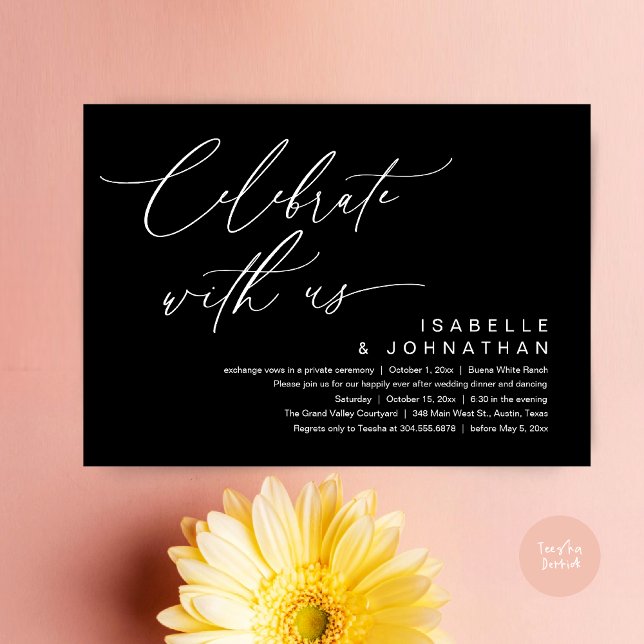 So, We Eloped, Romantic Wedding Dinner Party Invitation (Romantic Wedding Dinner Party, Celebrate with us Lunch Brunch Modern Invites Card  PDF Classy Black)
