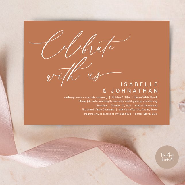 So, We Eloped, Romantic Wedding Dinner Party Invitation (Romantic Wedding Dinner Party, Celebrate with us Lunch Brunch Modern Invites Card  PDF Copper Brown)