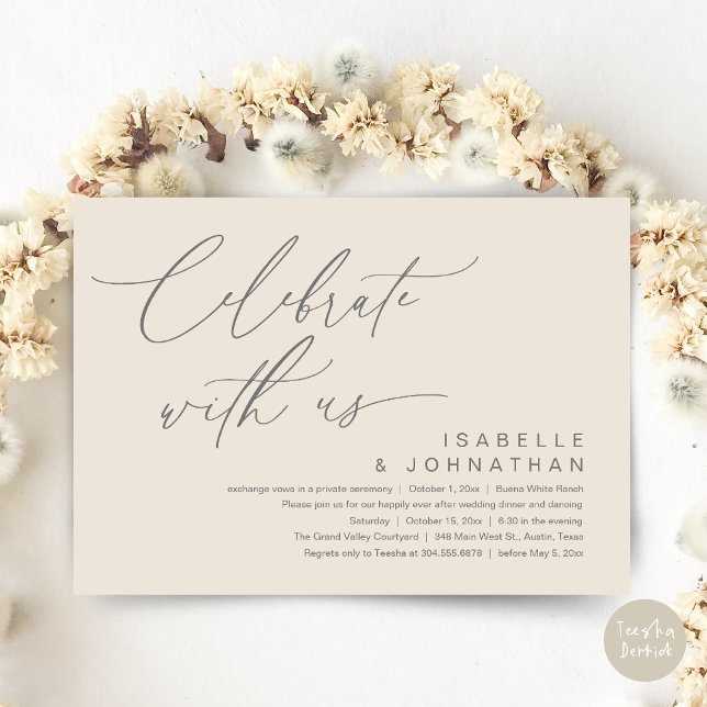 So, We Eloped, Romantic Wedding Dinner Party Invitation (Romantic Wedding Dinner Party, Celebrate with us Lunch Brunch Modern Invites Card  PDF Cream Grey)