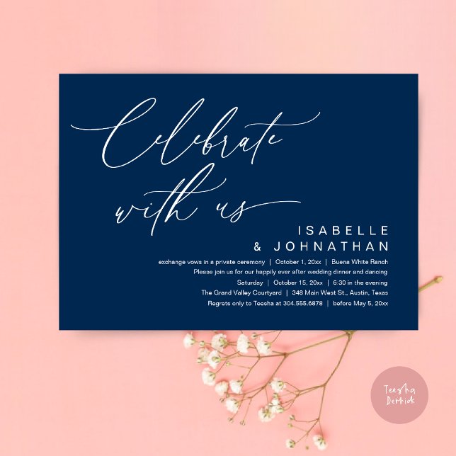 So, We Eloped, Romantic Wedding Dinner Party Invitation (Romantic Wedding Dinner Party, Celebrate with us Lunch Brunch Modern Invites Card  PDF Navy Blue)