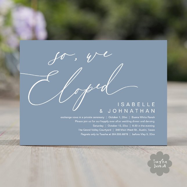So, We Eloped, Romantic Wedding Dinner Party Invitation (So, We Eloped, Modern Romantic Wedding Dinner Brunch Lunch Party Invitation Card PDF Dusty Blue)