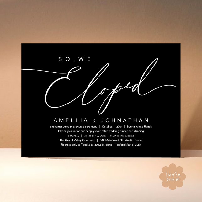 So, We Eloped, Romantic Wedding Elopement Party Invitation (So, We Eloped, Modern Romantic Wedding Dinner Brunch Lunch Party Invitation Card PDF Classy Black)