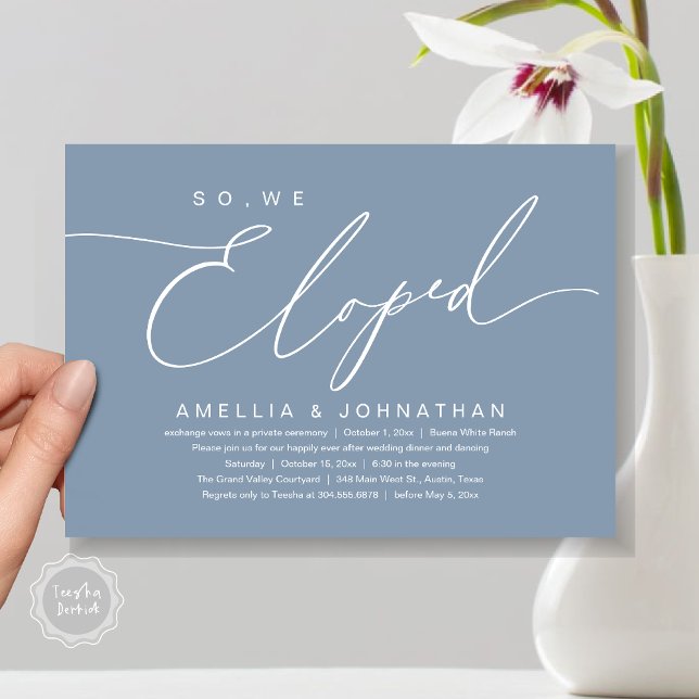 So, We Eloped, Romantic Wedding Elopement Party Invitation (So, We Eloped, Modern Romantic Wedding Dinner Brunch Lunch Party Invitation Card PDF Dusty Blue)