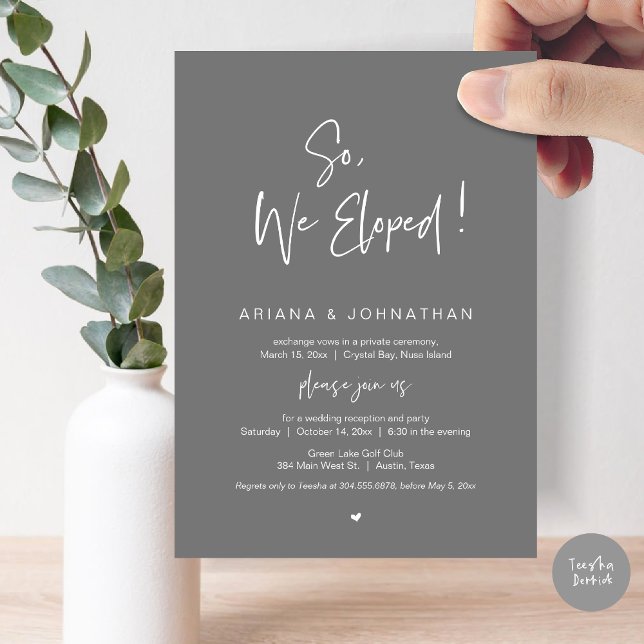 So, We Eloped, Wedding Elopement, in Dark Grey Invitation (So, We Eloped, Modern Wedding Elopement Dinner Invitation Card, PDF, in Dark Grey)