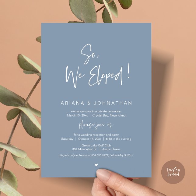 So, We Eloped, Wedding Elopement, in Dusty Blue Invitation (So, We Eloped, Modern Wedding Elopement Dinner Invitation Card, PDF, in Dusty Blue)