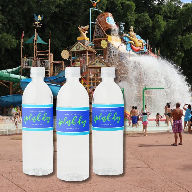 Soak Up the Fun Blue Neon Green Summer Splash Day  Water Bottle Label (Creator Uploaded)