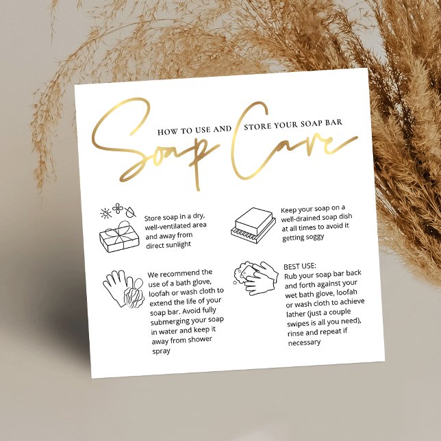 Soap Bar Care Instructions Chic White & Gold Logo Square Business Card (Handmade soap bar care instructions cards with icons and faux gold effects)