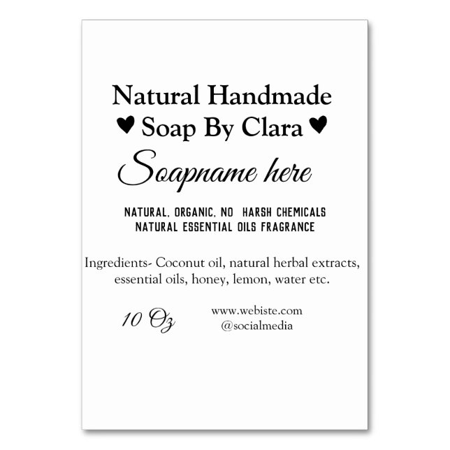 soap name weight website ingredients details text table number (Front)
