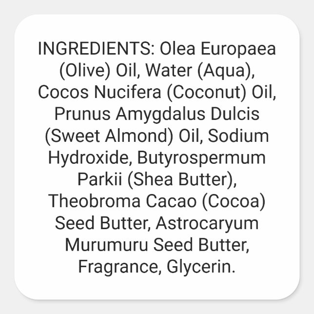 Soap or Skincare Ingredient Listing Product Label (Front)