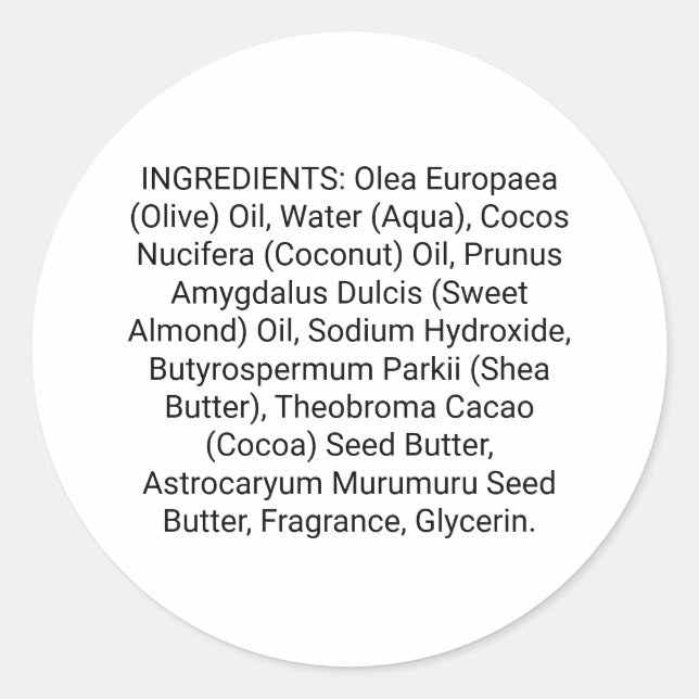 Soap or Skincare Ingredients Round Product Label (Front)