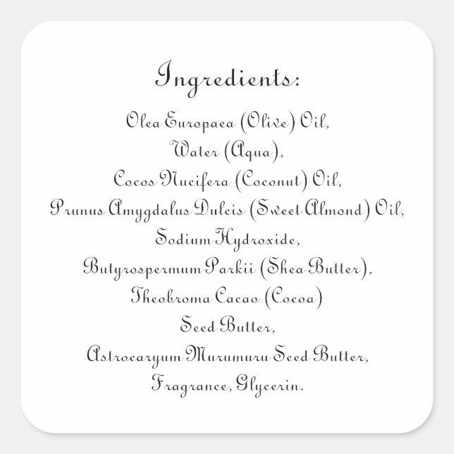 Soap Skincare Ingredient Listing Product Elegant Square Sticker (Front)