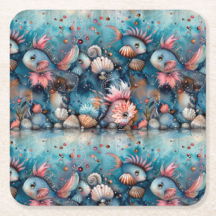 Soapy sea funny fish inhabitants square paper coaster