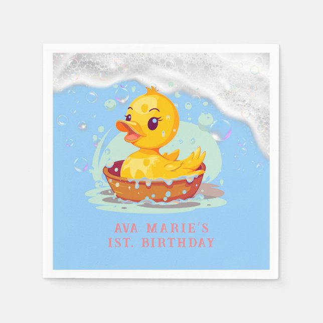 Soapy Yellow Rubber Duck Girl 1st birthday Party Napkin (Front)