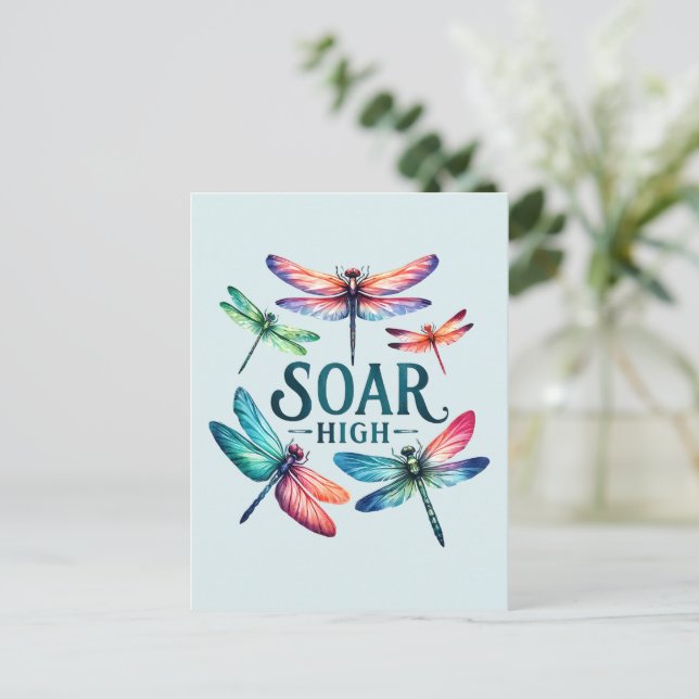 Soar High - Dragonfly Colourful Inspirational Postcard (Standing Front)