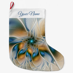 Soaring, Abstract Fantasy Fractal Art W. Blue Name Large Christmas Stocking