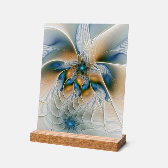 Soaring, Abstract Fantasy Fractal Art With Blue Acrylic Sign (Angle)