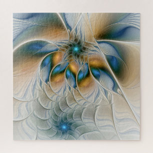 Soaring, Abstract Fantasy Fractal Art With Blue Jigsaw Puzzle