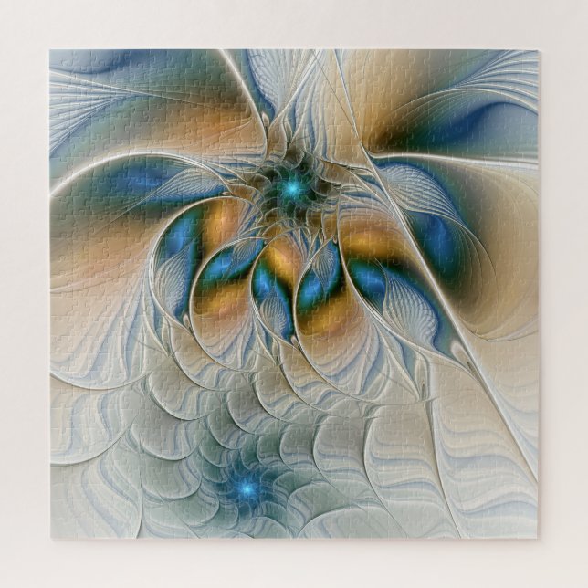 Soaring, Abstract Fantasy Fractal Art With Blue Jigsaw Puzzle (Vertical)