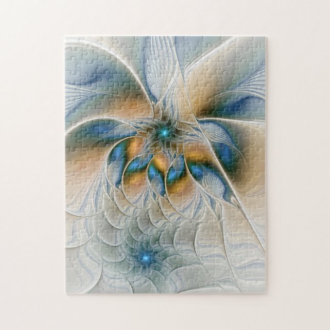 Soaring, Abstract Fantasy Fractal Art With Blue Jigsaw Puzzle (Vertical)